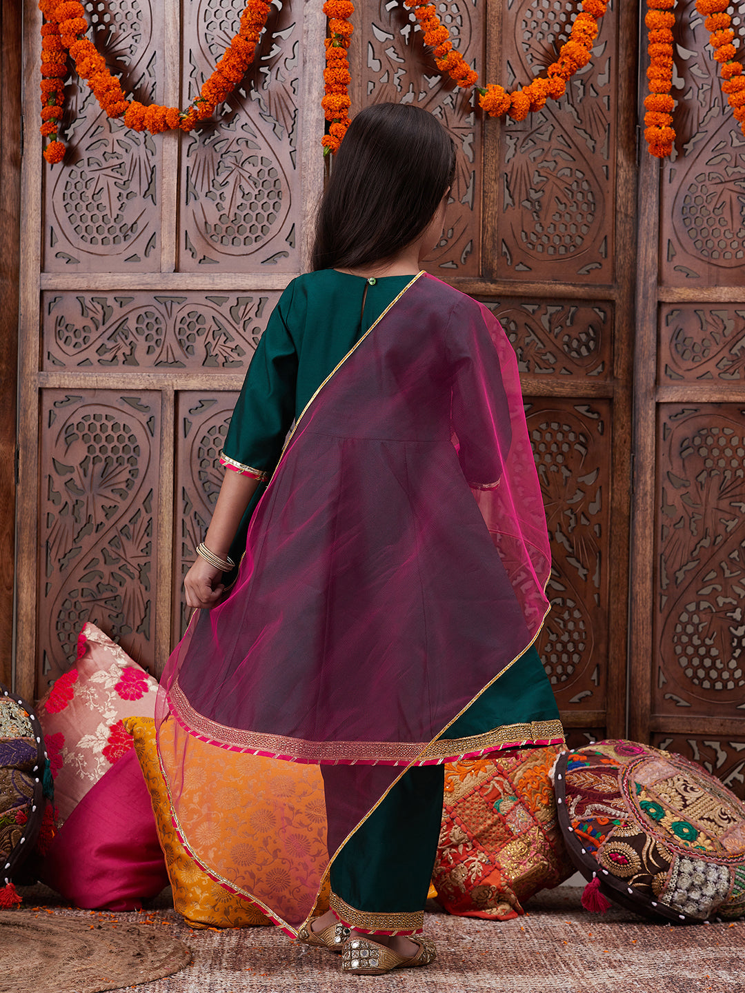 Pspeaches Girls Floral Yoke Design Angrakha Gotta Patti A Line Kurta With Trousers & Dupatta (KS-GREENTAFETA)