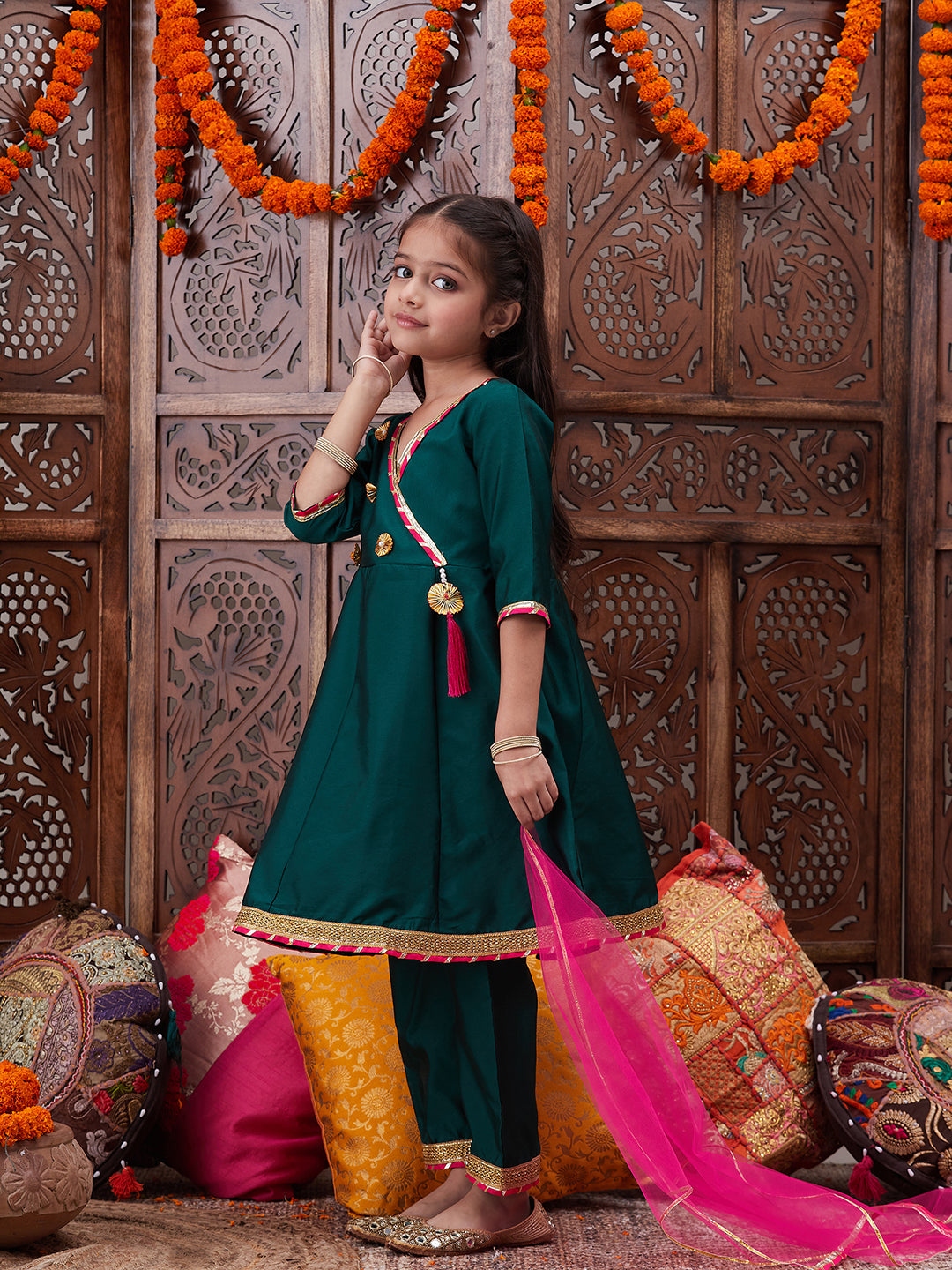 Pspeaches Girls Floral Yoke Design Angrakha Gotta Patti A Line Kurta With Trousers & Dupatta (KS-GREENTAFETA)