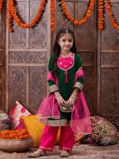 Girls Gotta Patti Detail Anarkali Velvet Kurta & Trousers With Dupatta (KS-GREENVELVET)