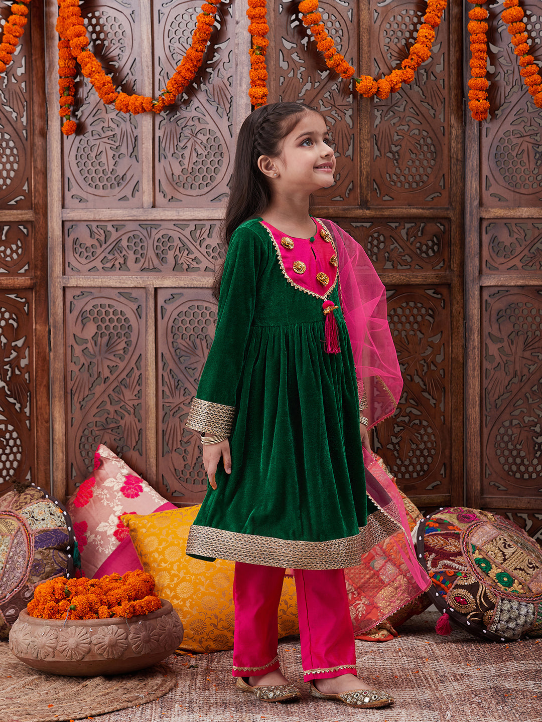 Girls Gotta Patti Detail Anarkali Velvet Kurta & Trousers With Dupatta (KS-GREENVELVET)
