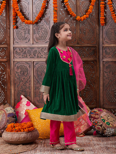 Girls Gotta Patti Detail Anarkali Velvet Kurta & Trousers With Dupatta (KS-GREENVELVET)