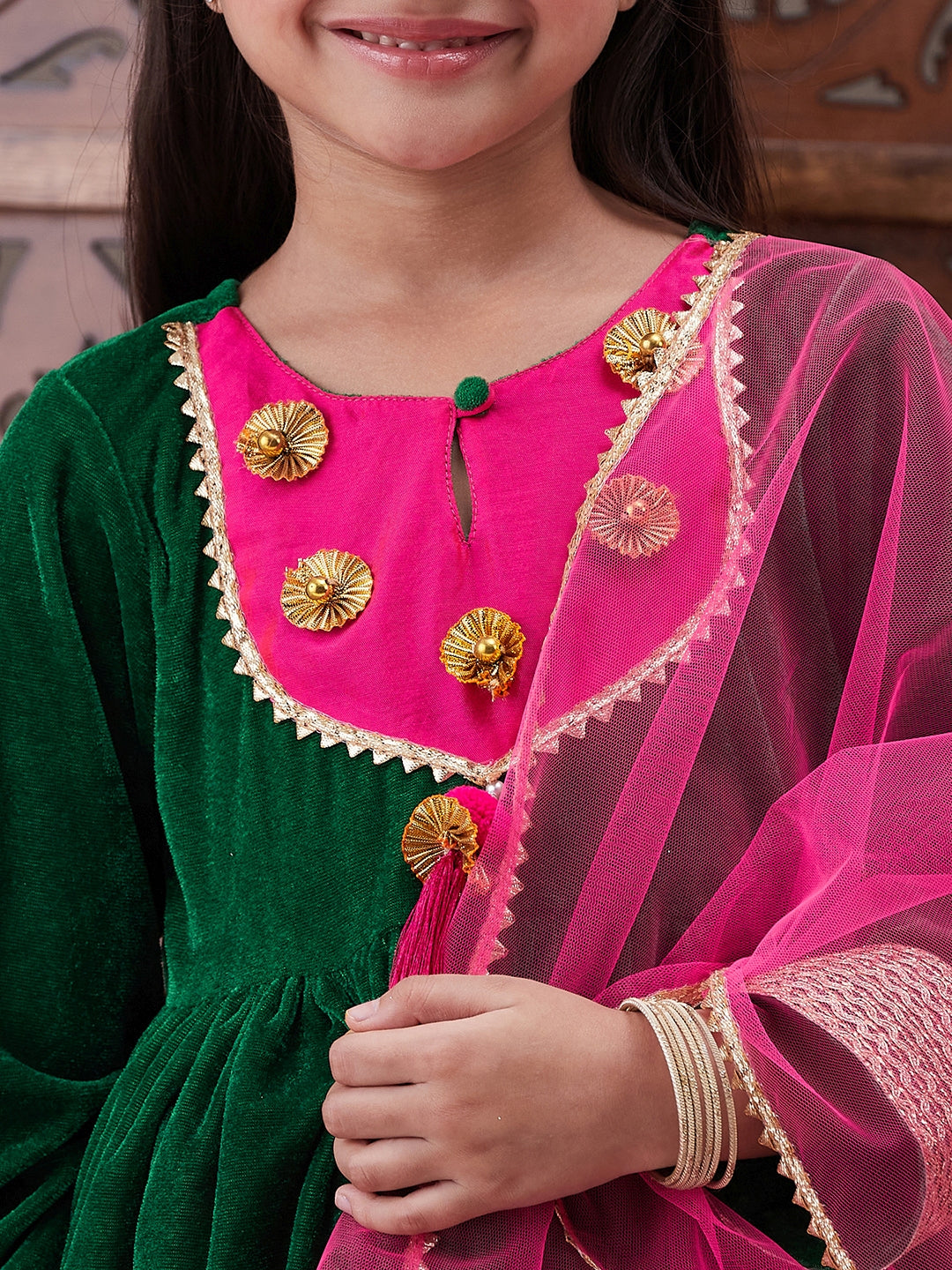 Girls Gotta Patti Detail Anarkali Velvet Kurta & Trousers With Dupatta (KS-GREENVELVET)