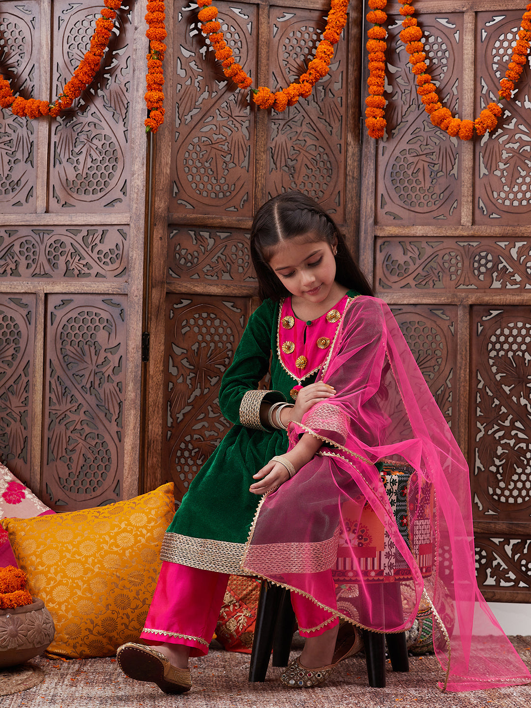 Girls Gotta Patti Detail Anarkali Velvet Kurta & Trousers With Dupatta (KS-GREENVELVET)