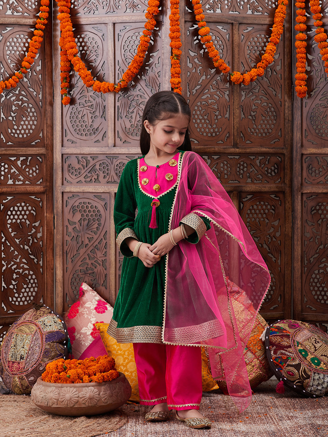 Girls Gotta Patti Detail Anarkali Velvet Kurta & Trousers With Dupatta (KS-GREENVELVET)