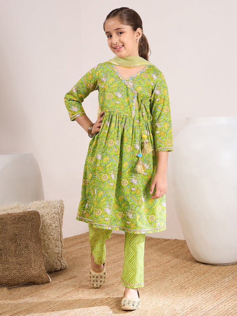 Girls Floral Printed Pleated A-Line Pure Cotton Kurta with Trousers & Dupatta (KS-GREENYELLOWJAAL)