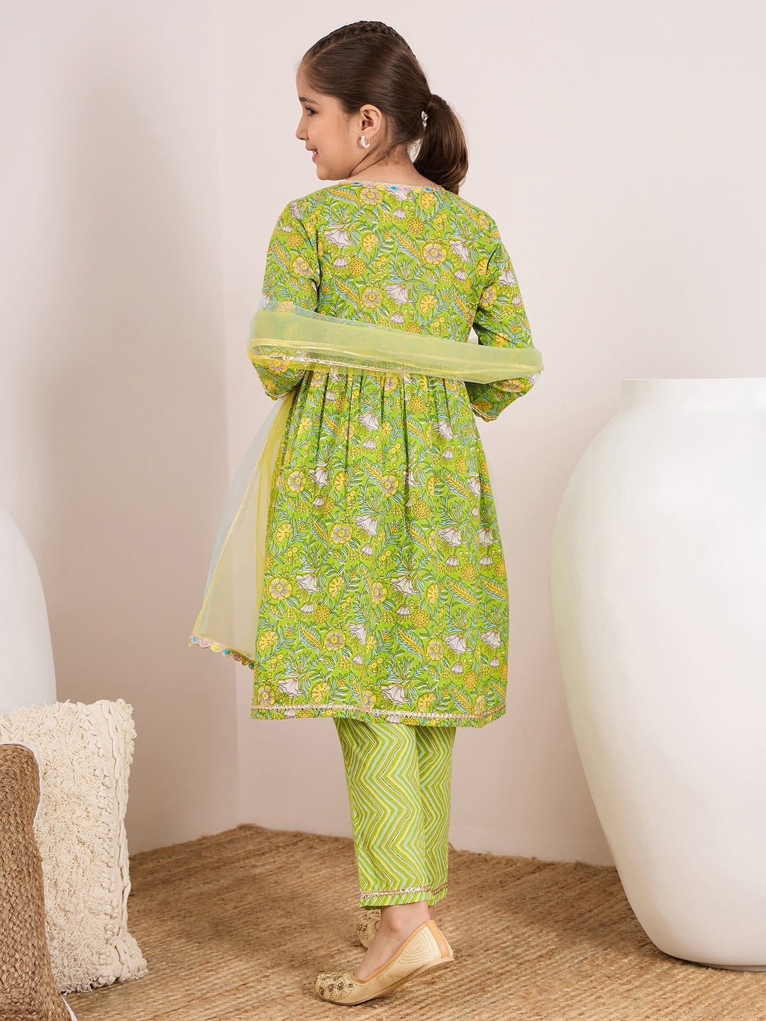 Girls Floral Printed Pleated A-Line Pure Cotton Kurta with Trousers & Dupatta (KS-GREENYELLOWJAAL)