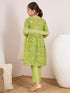 Girls Floral Printed Pleated A-Line Pure Cotton Kurta with Trousers & Dupatta (KS-GREENYELLOWJAAL)