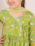 Girls Floral Printed Pleated A-Line Pure Cotton Kurta with Trousers & Dupatta (KS-GREENYELLOWJAAL)
