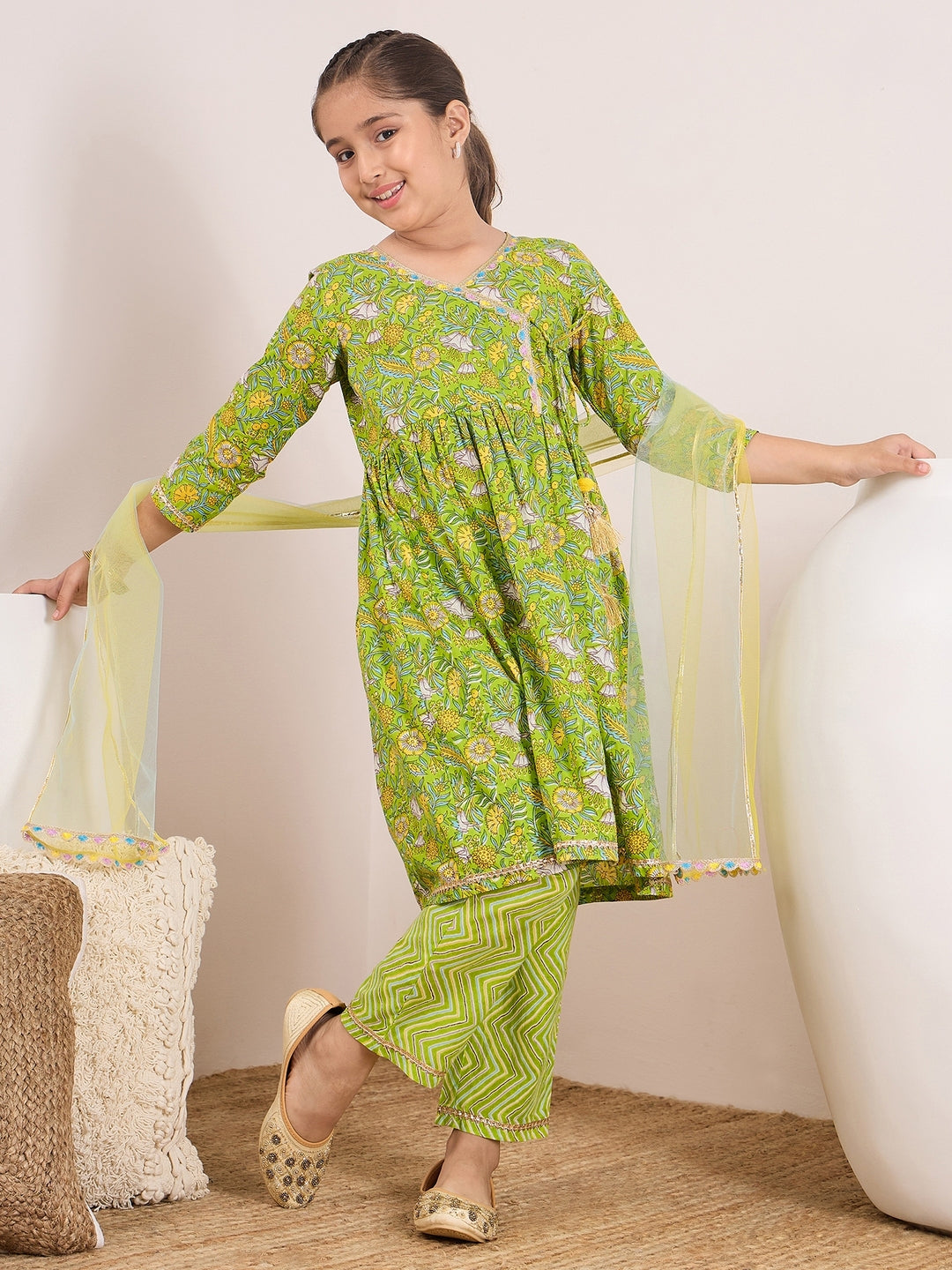 Girls Floral Printed Pleated A-Line Pure Cotton Kurta with Trousers & Dupatta (KS-GREENYELLOWJAAL)
