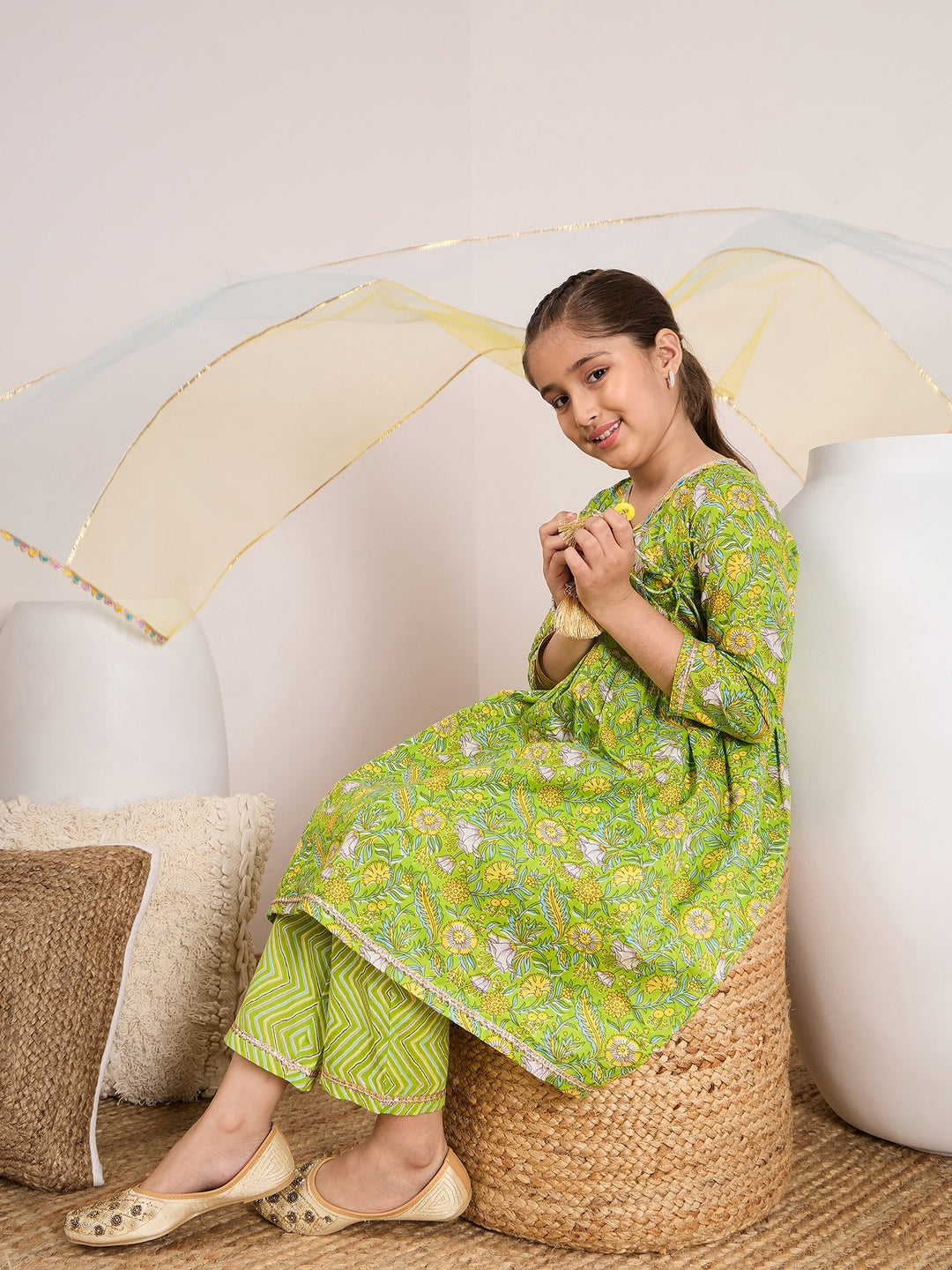 Girls Floral Printed Pleated A-Line Pure Cotton Kurta with Trousers & Dupatta (KS-GREENYELLOWJAAL)