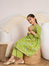 Girls Floral Printed Pleated A-Line Pure Cotton Kurta with Trousers & Dupatta (KS-GREENYELLOWJAAL)