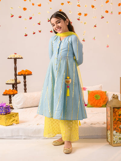 Girls Printed Regular Pure Cotton Kurta with Palazzos & Dupatta (KS-GREYLUREX)
