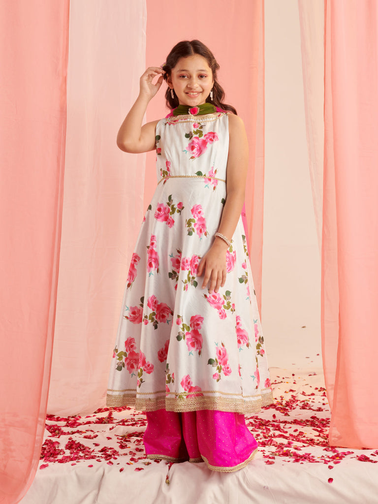 Girls Floral Printed Regular Gotta Patti Kurta With Palazzos With Dupatta (KS-LTBLUEDUPION)