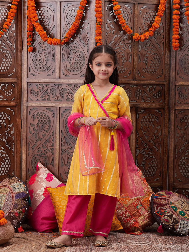 Pspeaches Girls Striped Embroidered Chanderi Cotton Anarkali Kurta With Trousers & Dupatta (KS-LUREXYELLOW)