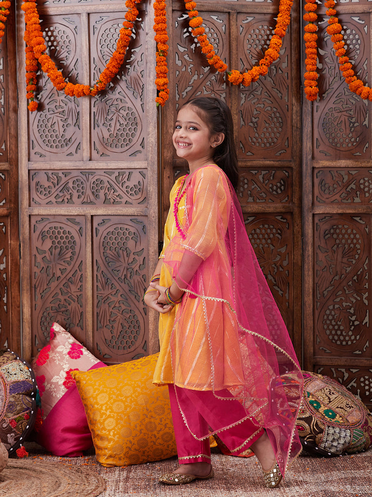 Pspeaches Girls Striped Embroidered Chanderi Cotton Anarkali Kurta With Trousers & Dupatta (KS-LUREXYELLOW)