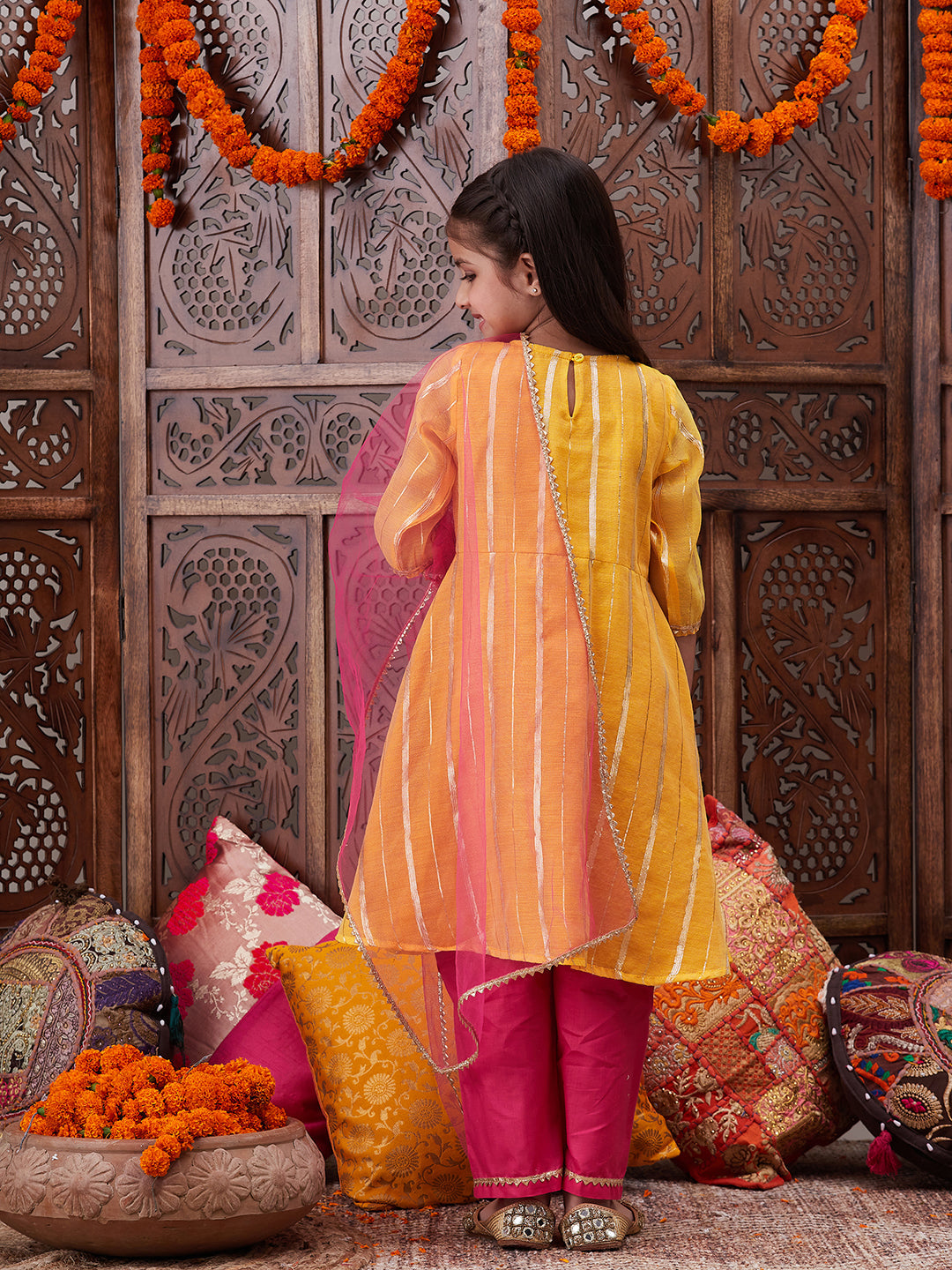 Pspeaches Girls Striped Embroidered Chanderi Cotton Anarkali Kurta With Trousers & Dupatta (KS-LUREXYELLOW)