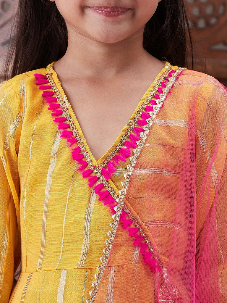 Pspeaches Girls Striped Embroidered Chanderi Cotton Anarkali Kurta With Trousers & Dupatta (KS-LUREXYELLOW)