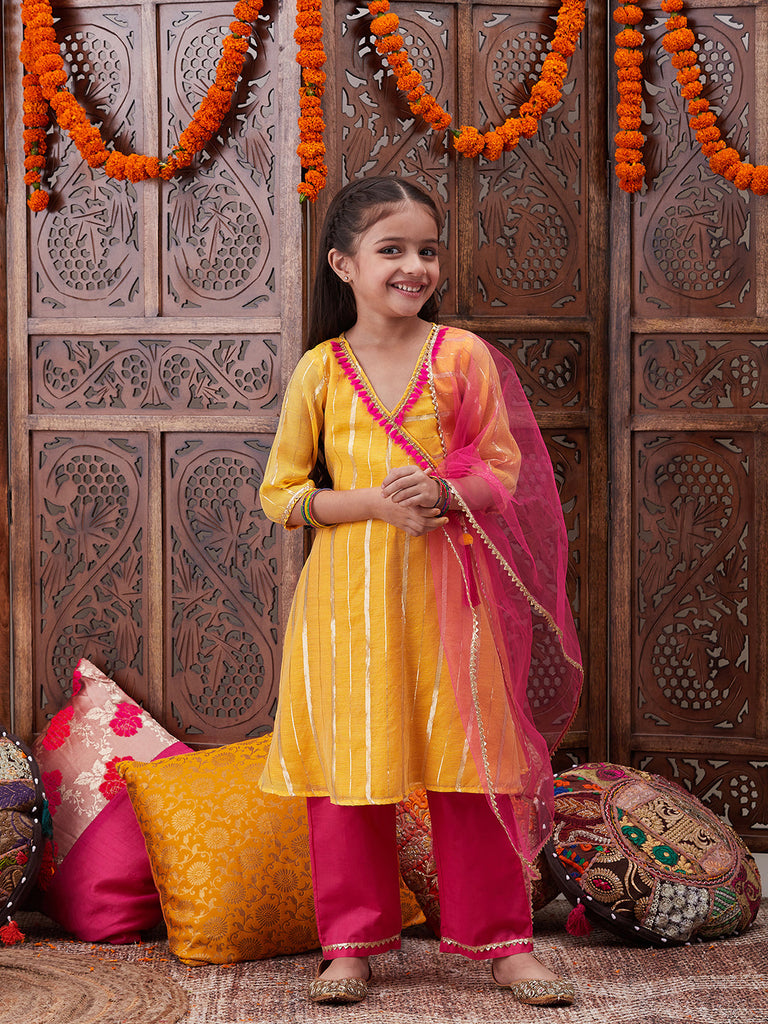 Pspeaches Girls Striped Embroidered Chanderi Cotton Anarkali Kurta With Trousers & Dupatta (KS-LUREXYELLOW)