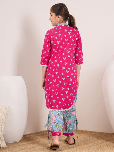 Girls Floral Printed Mandarin Collar Pure Cotton Kurta with Salwar (KS-MAGENTAAPRON)