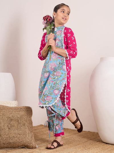 Girls Floral Printed Mandarin Collar Pure Cotton Kurta with Salwar (KS-MAGENTAAPRON)