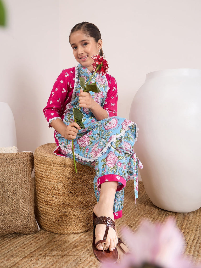 Girls Floral Printed Mandarin Collar Pure Cotton Kurta with Salwar (KS-MAGENTAAPRON)
