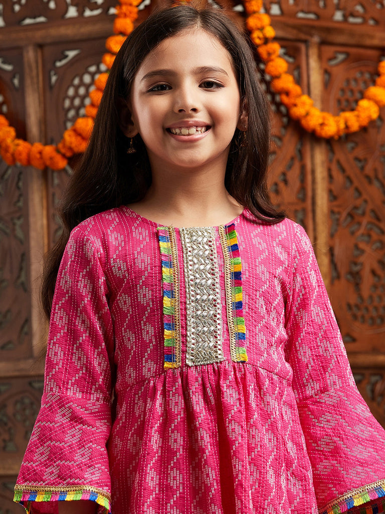 Pspeaches Girls Magenta Ethnic Motifs Printed Regular Kurta With Pyjamas (KS-MAGENTADOBBY)