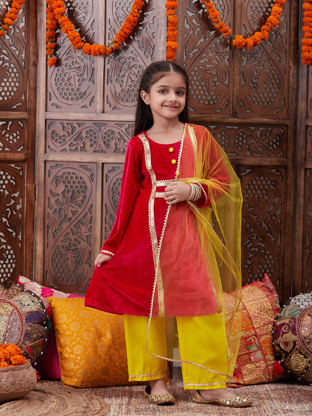 Girls Regular Gotta Patti Velvet Kurta with Salwar & With Dupatta (KS-MAGENTAVELVET)