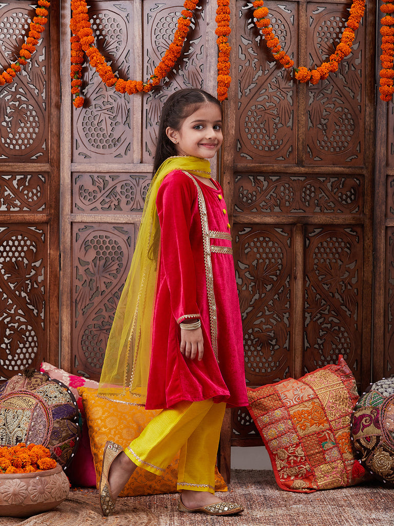 Girls Regular Gotta Patti Velvet Kurta with Salwar & With Dupatta (KS-MAGENTAVELVET)