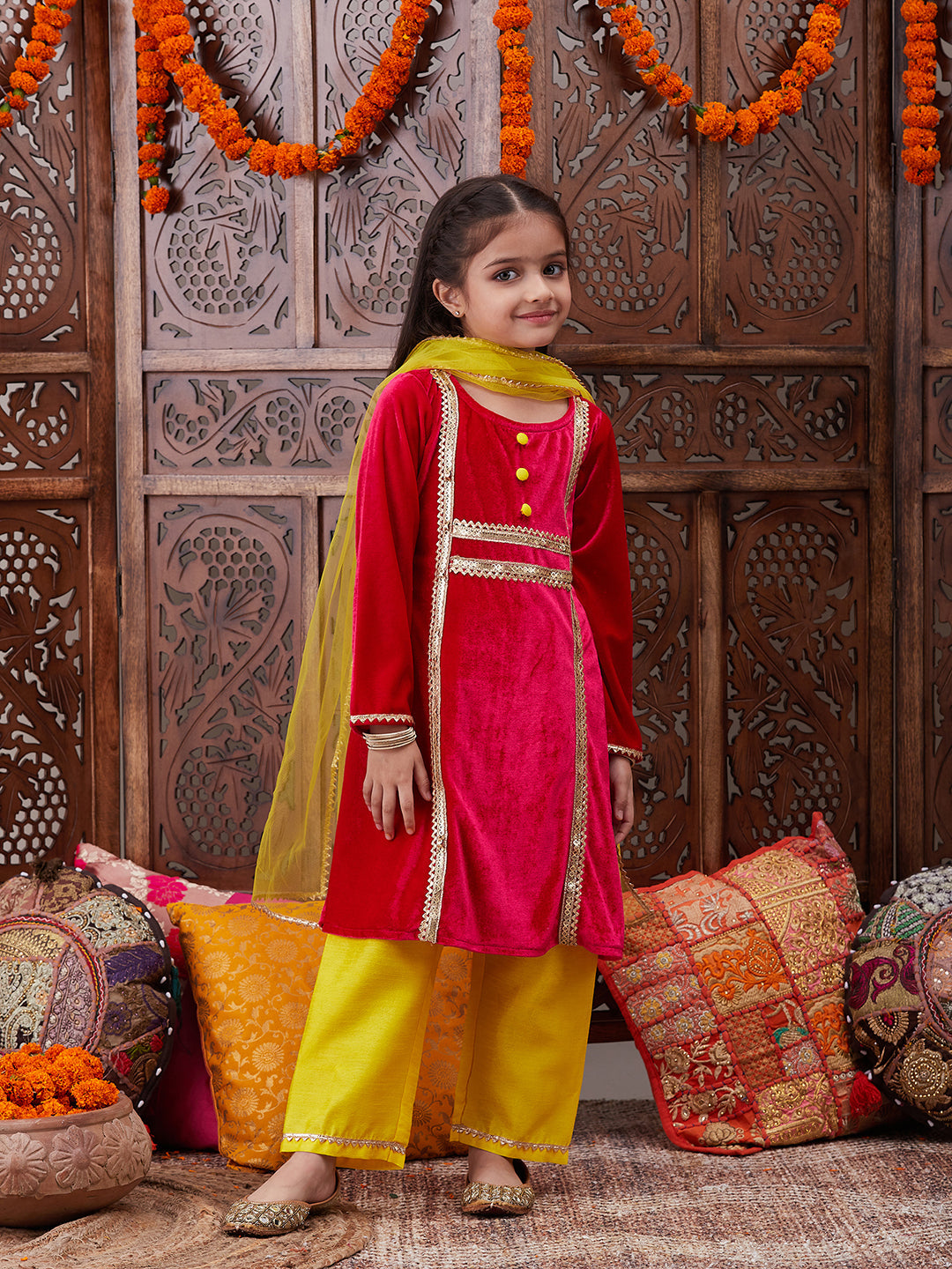 Girls Regular Gotta Patti Velvet Kurta with Salwar & With Dupatta (KS-MAGENTAVELVET)