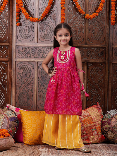 Pspeaches Girls Bandhani Printed Pure Cotton A-Line Kurta With Palazzos (KS-MAGENTAYELLOW)