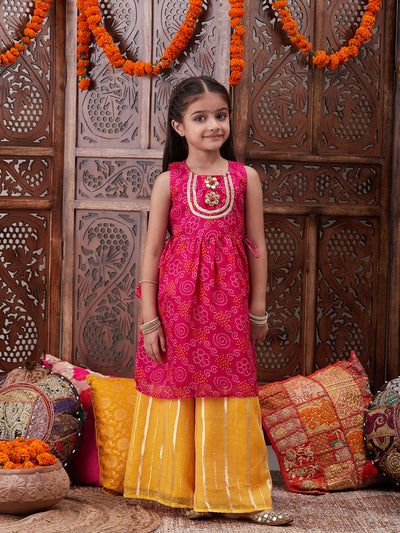 Pspeaches Girls Bandhani Printed Pure Cotton A-Line Kurta With Palazzos (KS-MAGENTAYELLOW)