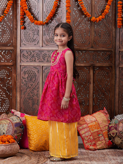 Pspeaches Girls Bandhani Printed Pure Cotton A-Line Kurta With Palazzos (KS-MAGENTAYELLOW)