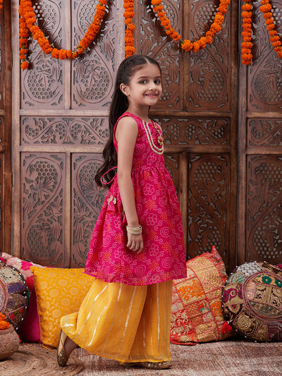 Pspeaches Girls Bandhani Printed Pure Cotton A-Line Kurta With Palazzos (KS-MAGENTAYELLOW)
