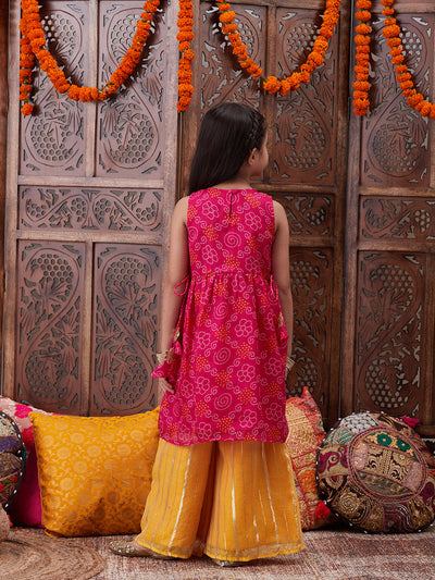 Pspeaches Girls Bandhani Printed Pure Cotton A-Line Kurta With Palazzos (KS-MAGENTAYELLOW)
