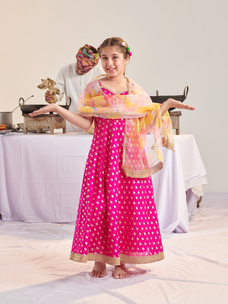 Pspeaches Girls Ethnic Magenta Brocade Silk A-Line Kurta Pant Set With Dupatta (Sku-Ks-Magentazaribooti)