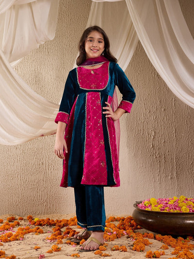 Pspeaches Girls Floral Embroidered Sequinned Velvet Panelled Kurta With Trouser & Dupatta (KS-MAGSEQVELVET)