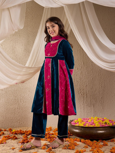 Pspeaches Girls Floral Embroidered Sequinned Velvet Panelled Kurta With Trouser & Dupatta (KS-MAGSEQVELVET)