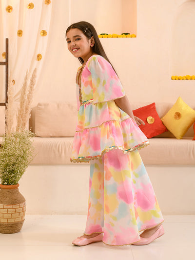 Girls Abstract Printed Sequinned Regular A-Line Kurta & Sharara (KS-MULTILAYER)