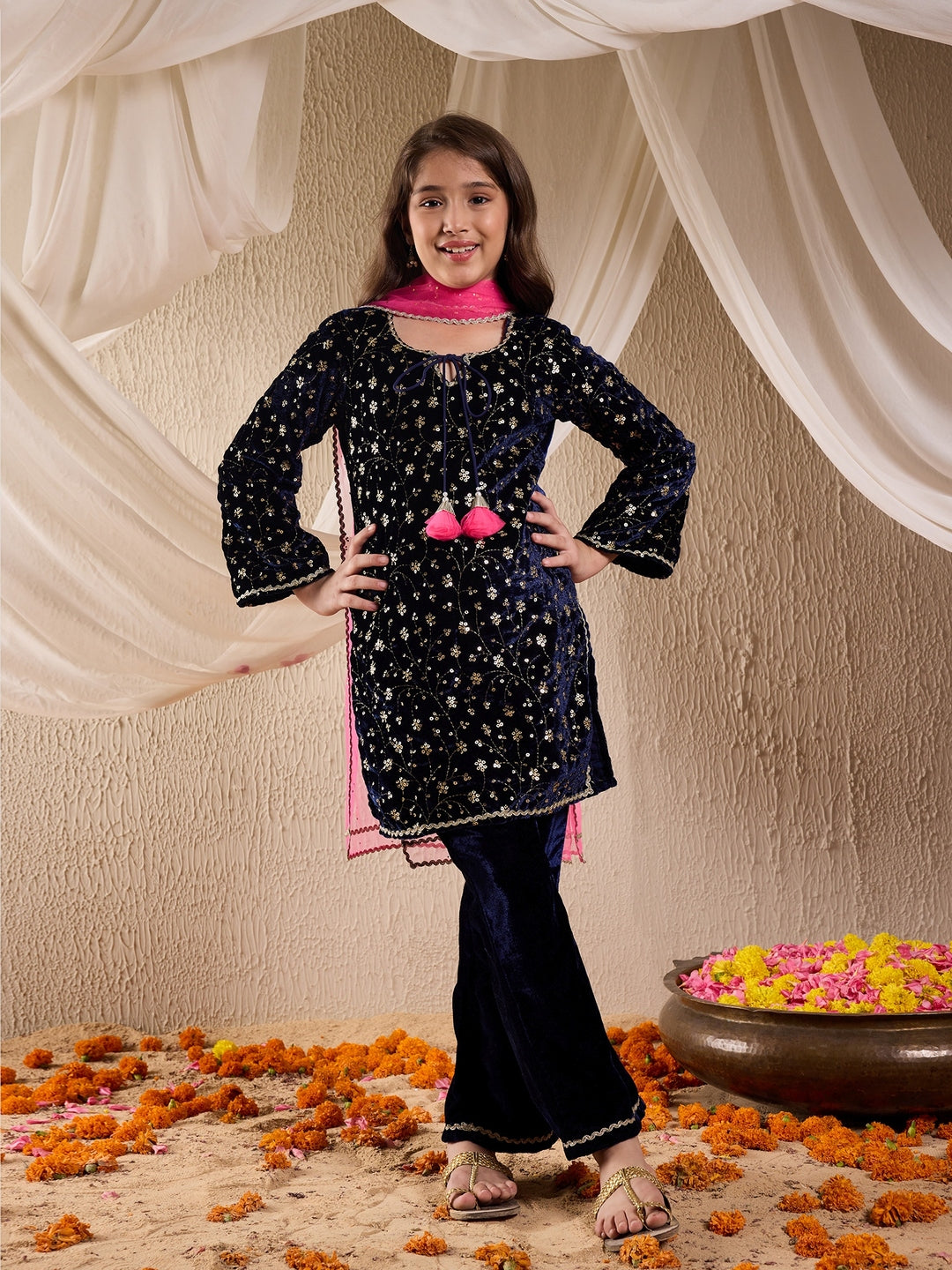Pspeaches Girls Floral Embroidered Sequinned Velvet Kurta With Trouser & Dupatta (KS-NAVYVELVET)