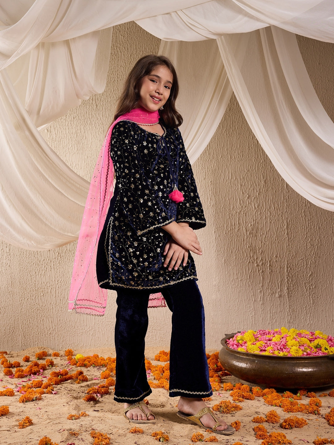 Pspeaches Girls Floral Embroidered Sequinned Velvet Kurta With Trouser & Dupatta (KS-NAVYVELVET)
