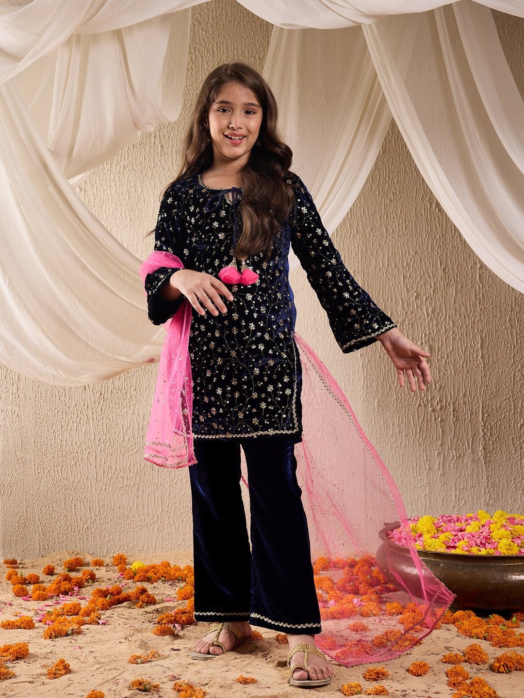 Pspeaches Girls Floral Embroidered Sequinned Velvet Kurta With Trouser & Dupatta (KS-NAVYVELVET)