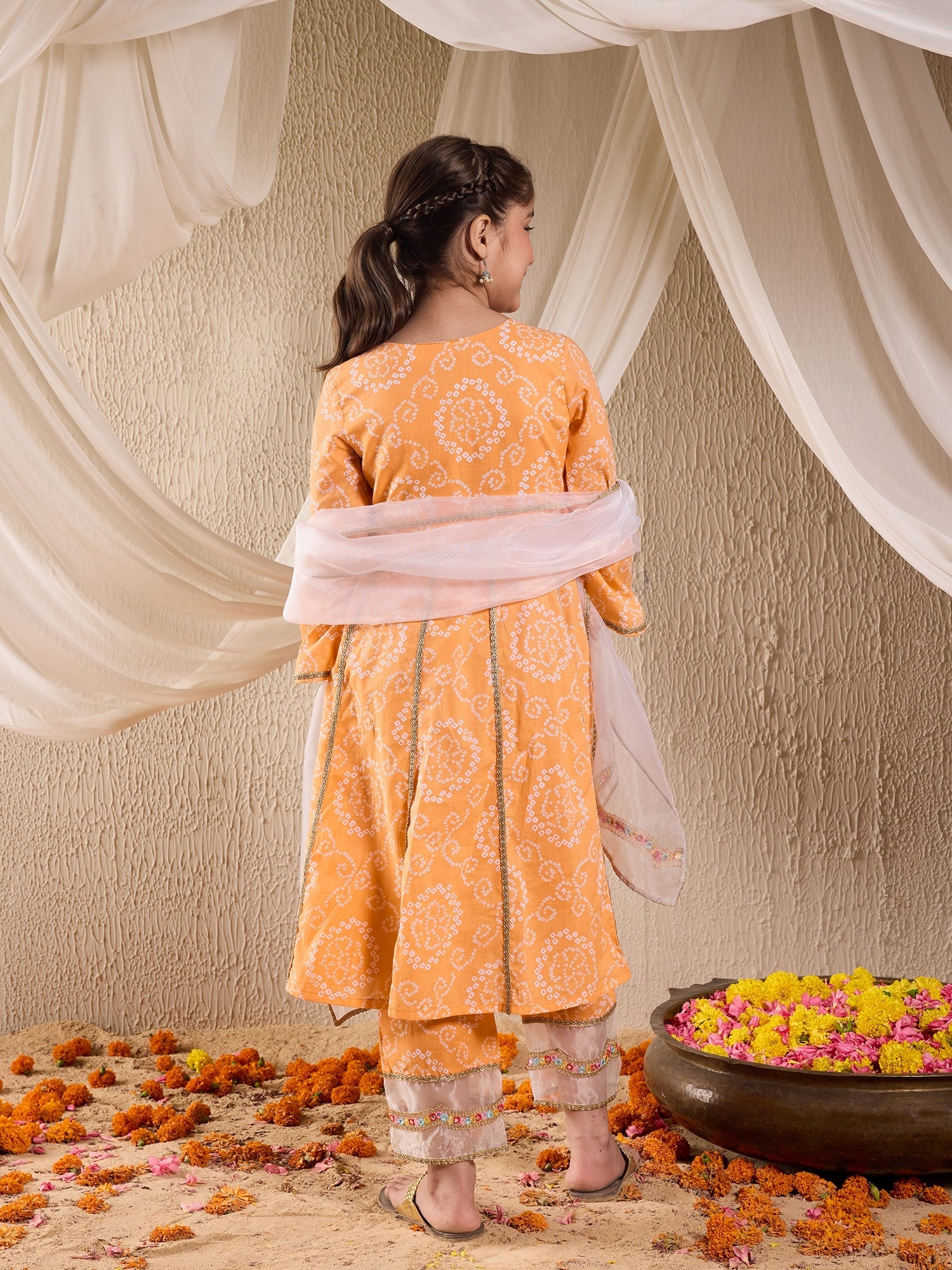 Pspeaches Girls Cotton 3/4th Sleeves Keyhole Neck Gota Pati Embellished Lehenga Choli Set with Dupatta for Girls (KS-ORANGEBANDHEJ)