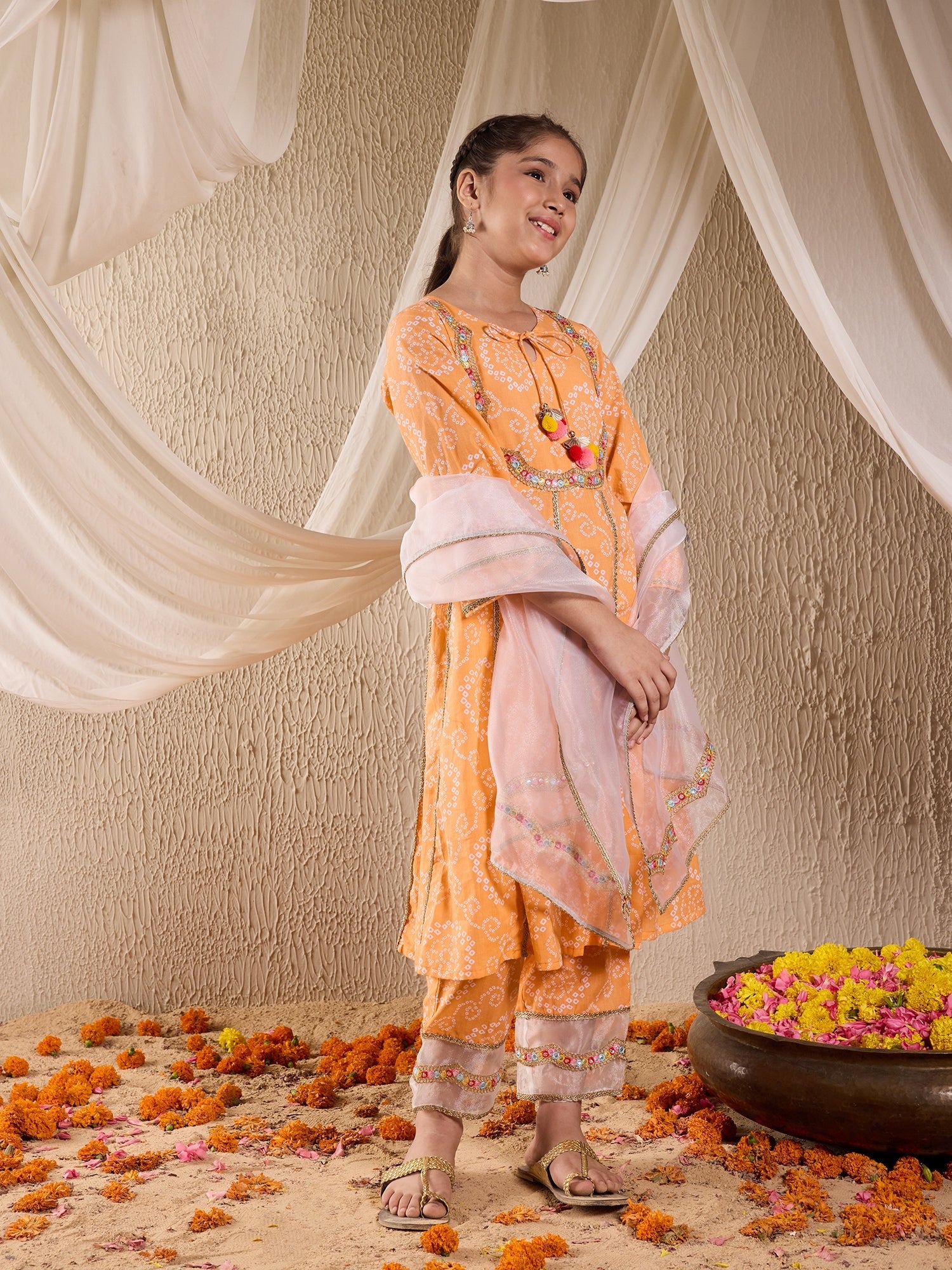 Pspeaches Girls Cotton 3/4th Sleeves Keyhole Neck Gota Pati Embellished Lehenga Choli Set with Dupatta for Girls (KS-ORANGEBANDHEJ)