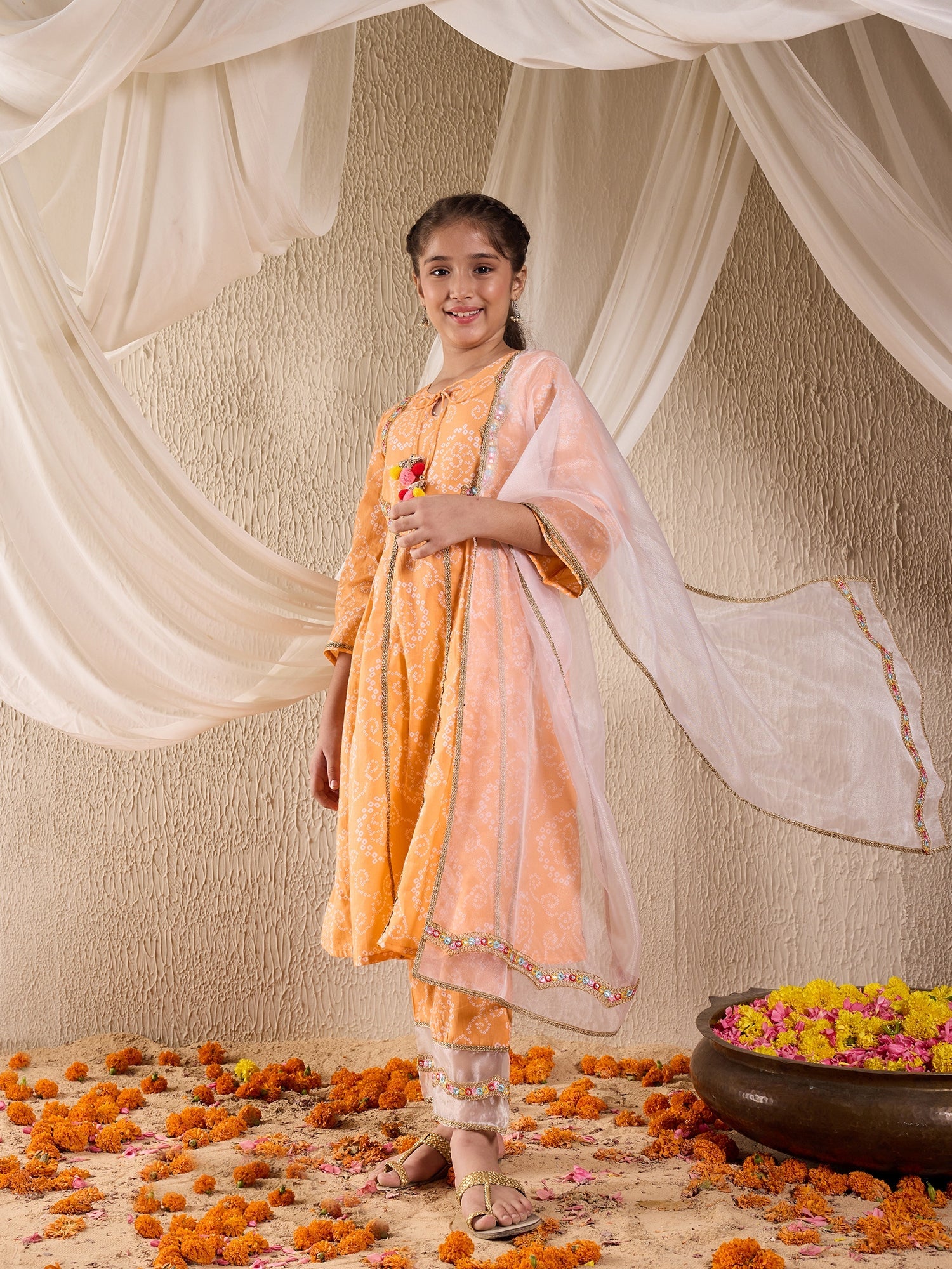 Pspeaches Girls Cotton 3/4th Sleeves Keyhole Neck Gota Pati Embellished Lehenga Choli Set with Dupatta for Girls (KS-ORANGEBANDHEJ)