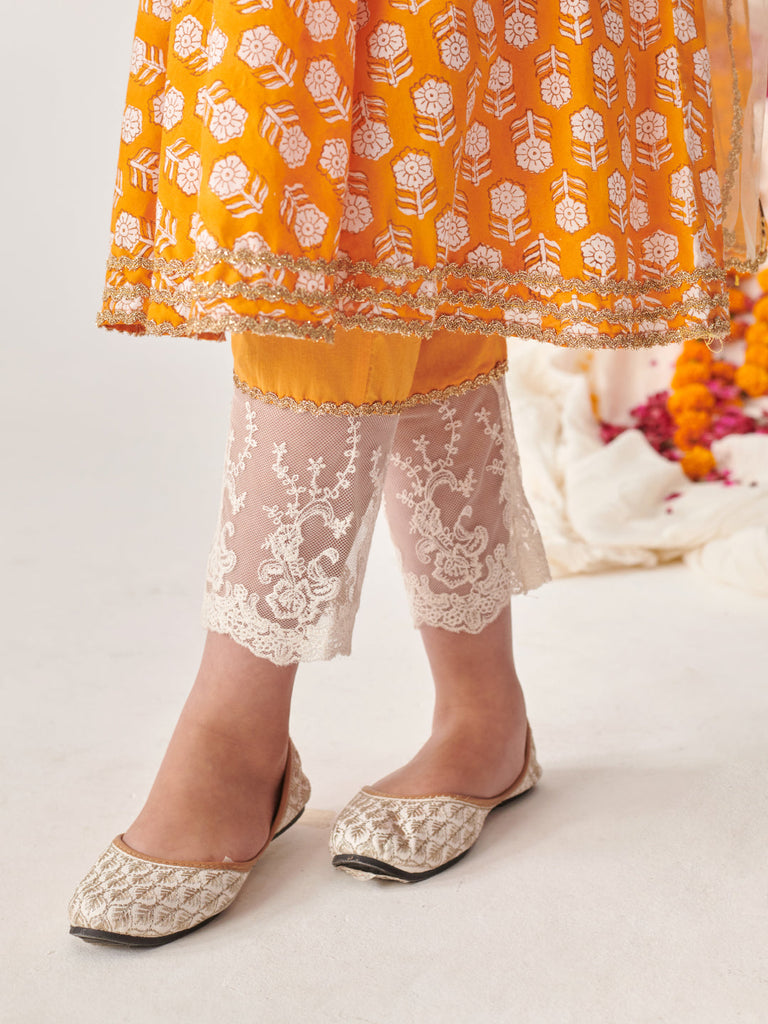 Girls Floral Printed Regular Kurta With Pyjamas & With Dupatta (KS-ORANGEFLOWER)