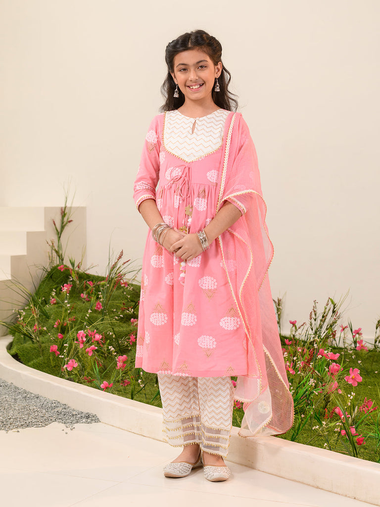 Girls Floral Printed Regular Pure Cotton Kurta with Trousers & Dupatta (KS-PEACHOFFKHADDI)