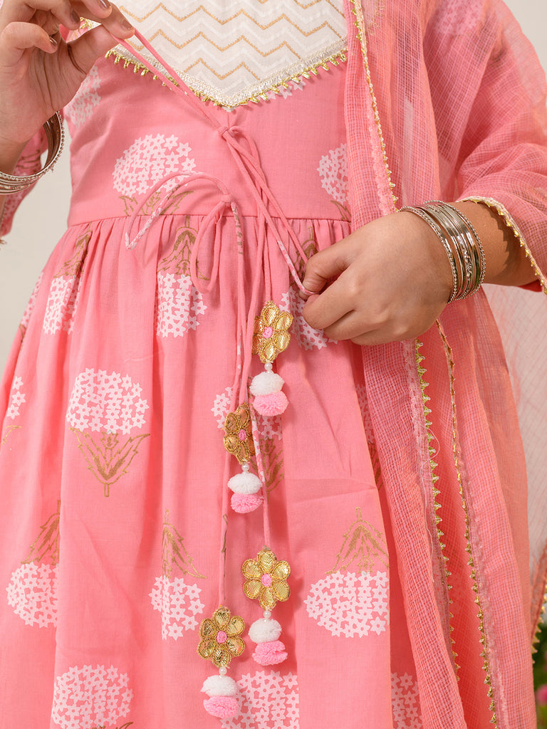 Girls Floral Printed Regular Pure Cotton Kurta with Trousers & Dupatta (KS-PEACHOFFKHADDI)