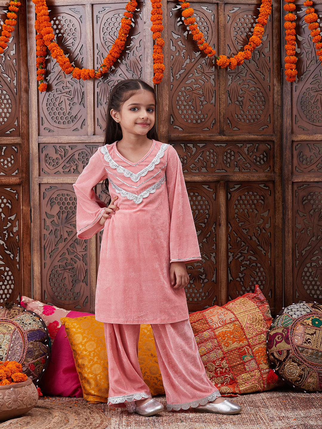 Girls Regular Gotta Patti Velvet Kurta with Salwar (KS-PEACHVELVET)