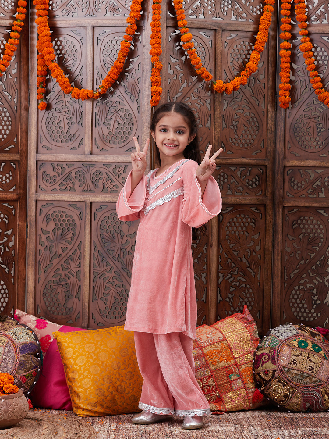 Girls Regular Gotta Patti Velvet Kurta with Salwar (KS-PEACHVELVET)