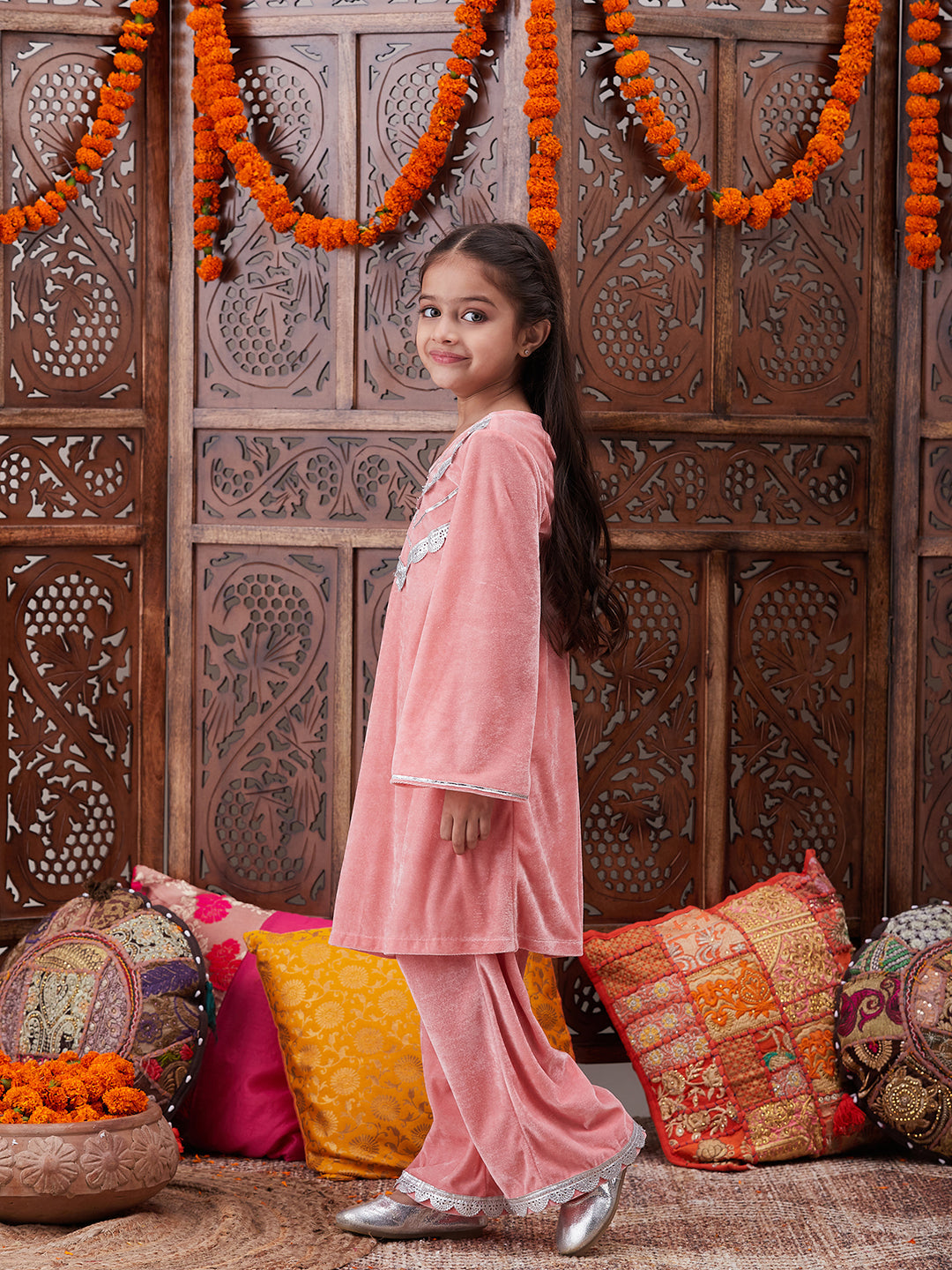 Girls Regular Gotta Patti Velvet Kurta with Salwar (KS-PEACHVELVET)
